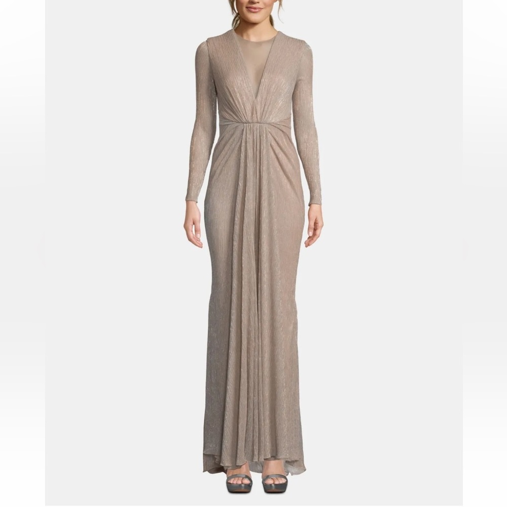 Betsy & Adam Gold Shimmer Mesh Fit and Flare Long Sleeve Maxi Dress 10